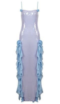 Flower Ruffle Detail Sequin Maxi Dress Silver Blue