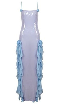 Flower Ruffle Detail Sequin Maxi Dress Silver Blue