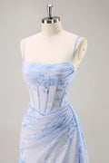 Blue Floral Ruched Corset Long Bridesmaid Dress with Slit - Blue / US26W