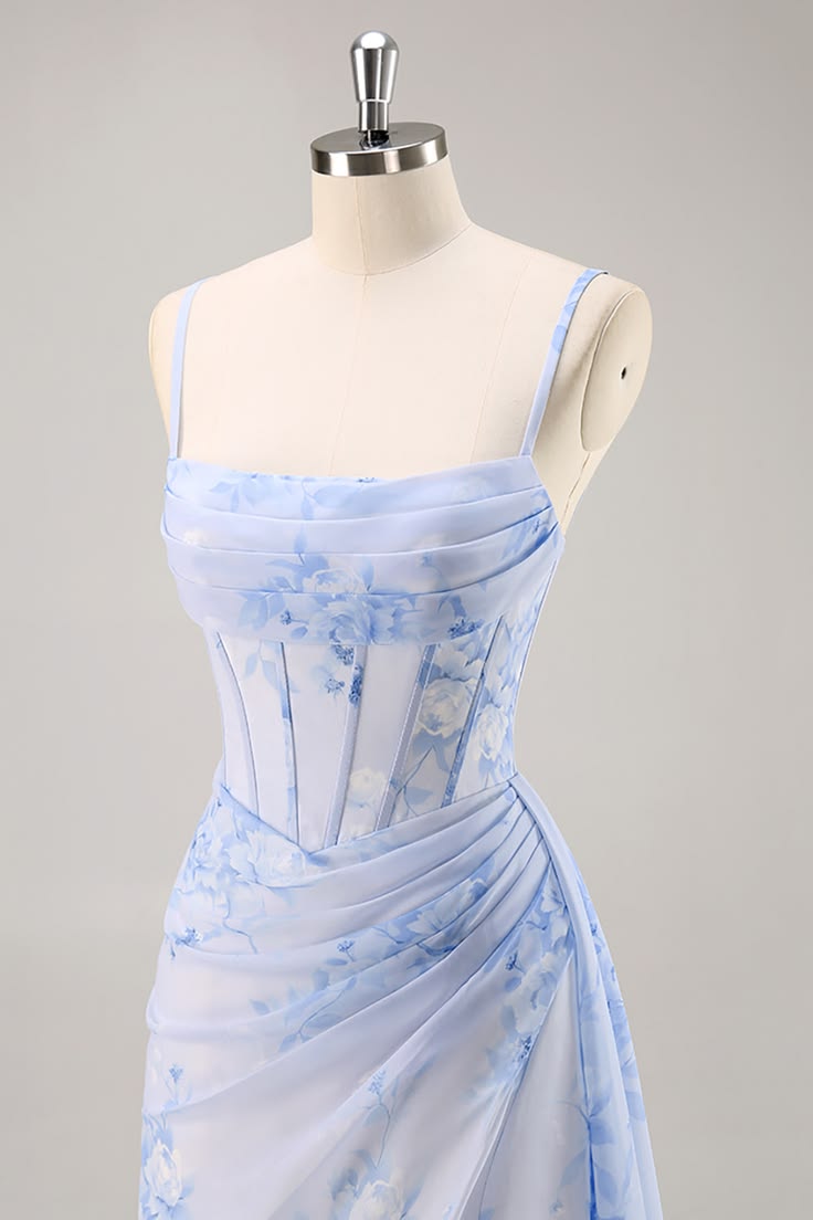 Blue Floral Ruched Corset Long Bridesmaid Dress with Slit - Blue / US26W