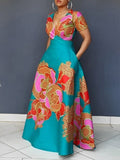 Women Floral Elegant Dress Satin Deep V Neck Fit Short Sleeve X Line