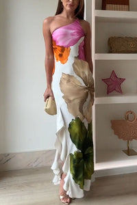 Love Filled Floral Print One Shoulder Side Ruffles Maxi Slip Dress