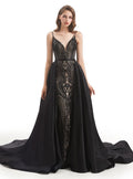 Black Sequins Spaghetti Straps Prom Dress With Detachable Train