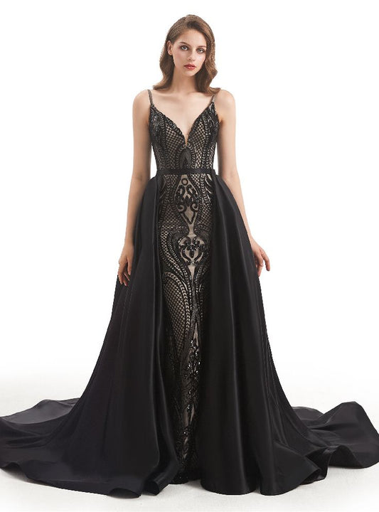 Black Sequins Spaghetti Straps Prom Dress With Detachable Train