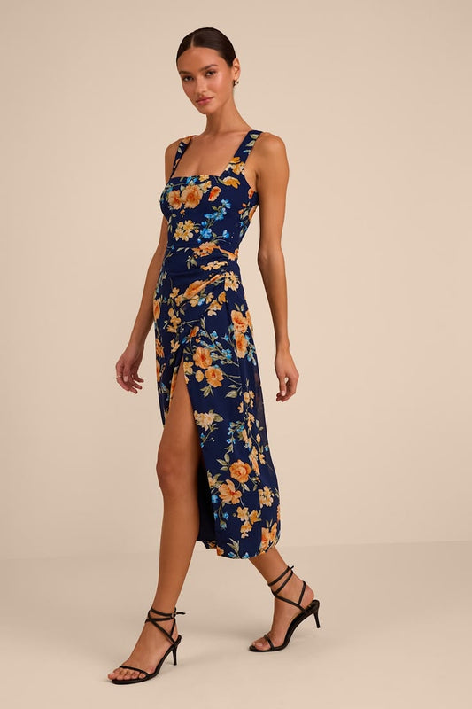 Lesina Navy Blue Floral Sleeveless Midi Dress