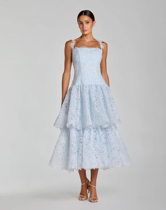 Blue Sleeveless Embroidered Lace Tiered Midi Dress Mac Duggal