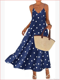 Flowy Boho V Neck Spaghetti Strap Maxi Dress With Pockets Color: Blue