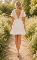 V Neck Short Lace Wedding Dress With Flutter Sleeves And Scalloped Hem