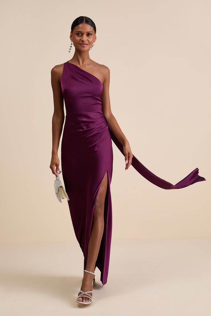 Signature Elegance Plum Purple Satin One Shoulder Maxi Dress