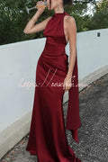 Solid Color Satin Elegant Sleeveless Waist Maxi Dress