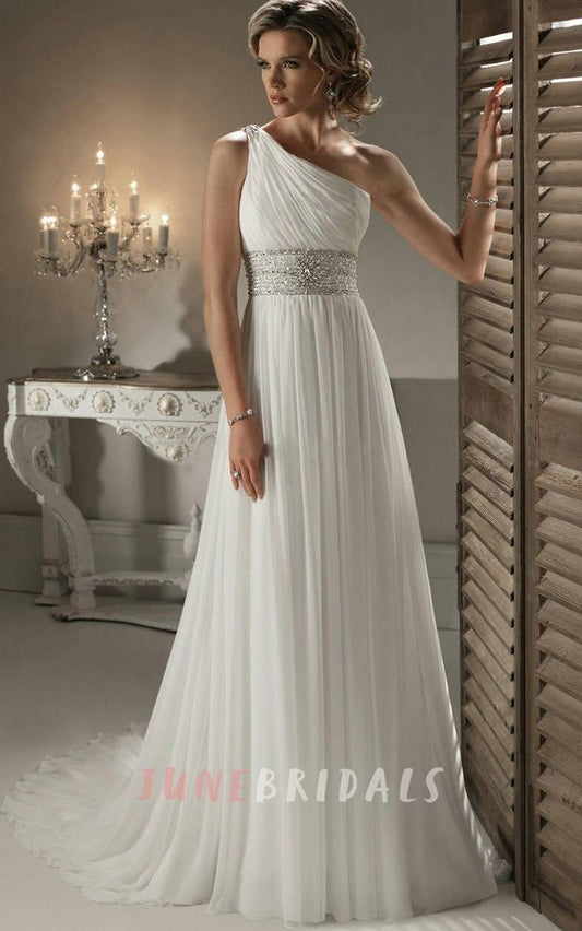 Grecian Modern One Shoulder Chiffon Gown With Beaded Wasitband