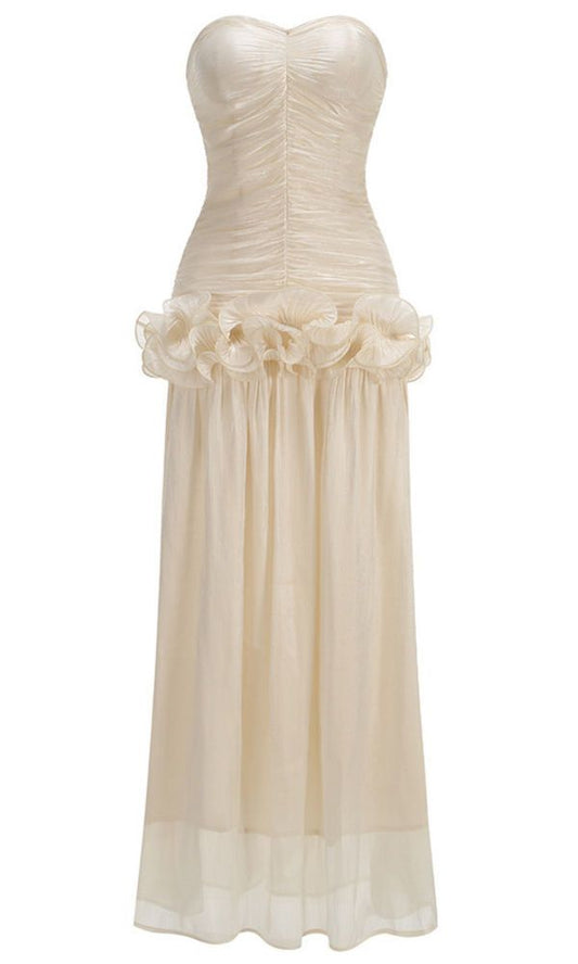 Strapless Draped Ruffle Maxi Dress Ivory