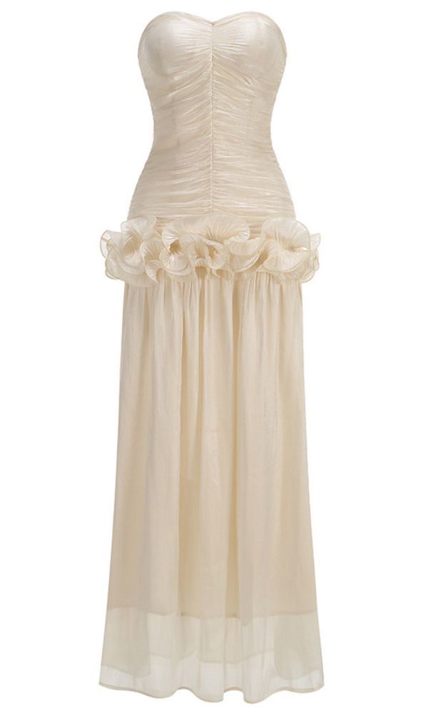 Strapless Draped Ruffle Maxi Dress Ivory