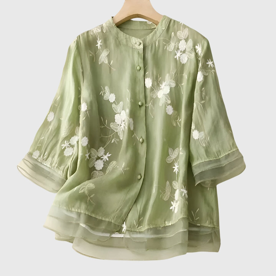 Nellie | Elegant Top With Embroidered Flowers Green