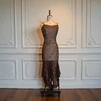 Tory, 90s beaded brown bias cut chiffon handkerchief dress