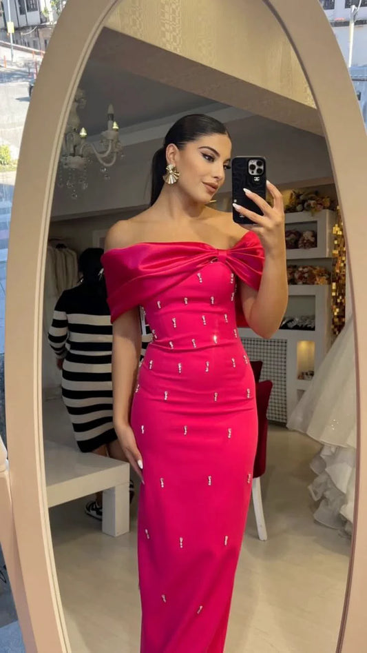 Classy Sheath Off The Shoulder Pink Satin Long Prom Dress Formal