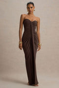 Ali Warm Brown Sweetheart Ruched Wrap Maxi Dress