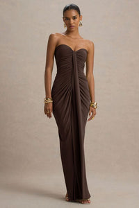 Ali Warm Brown Sweetheart Ruched Wrap Maxi Dress