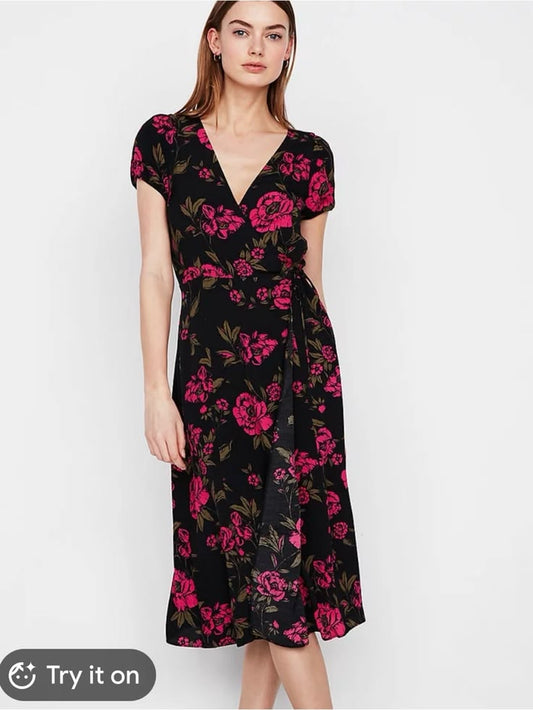 Express Dress Express Women's Floral Faux Wrap Dress Black With