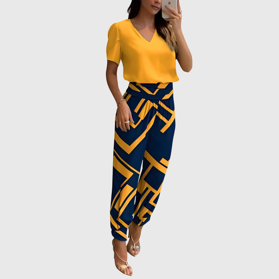 Jennifer | Stylish Blouse And Pants Set Yellow-Blue Print