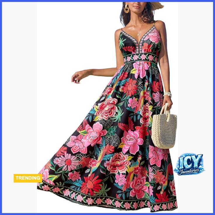 Floral Maxi Dress With V Neck And Adjustable Spaghetti Straps Color: