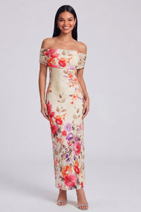 Off The Shoulder Sheath Ruched Ivory Floral Maxi Beach Wedding Guest