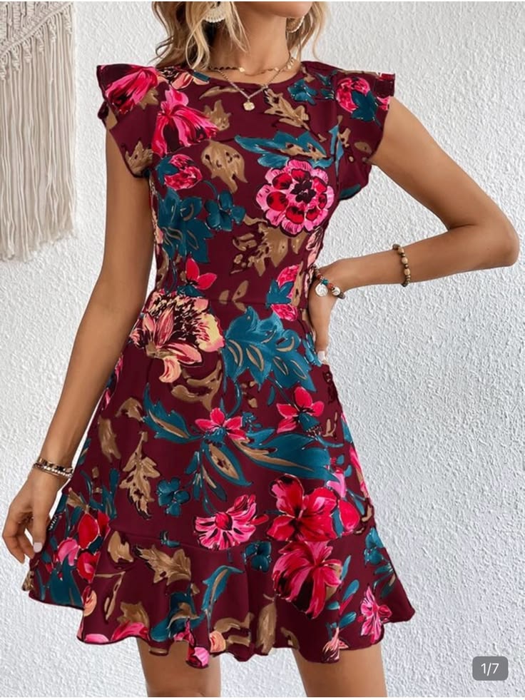 Floral Burgundy Fit & Flare Dress Size M Ruffle Hem Feminine Mini