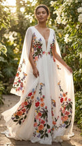 Floral Fiesta Boho Wedding Dress, Colorful Embroidered A Line Gown,