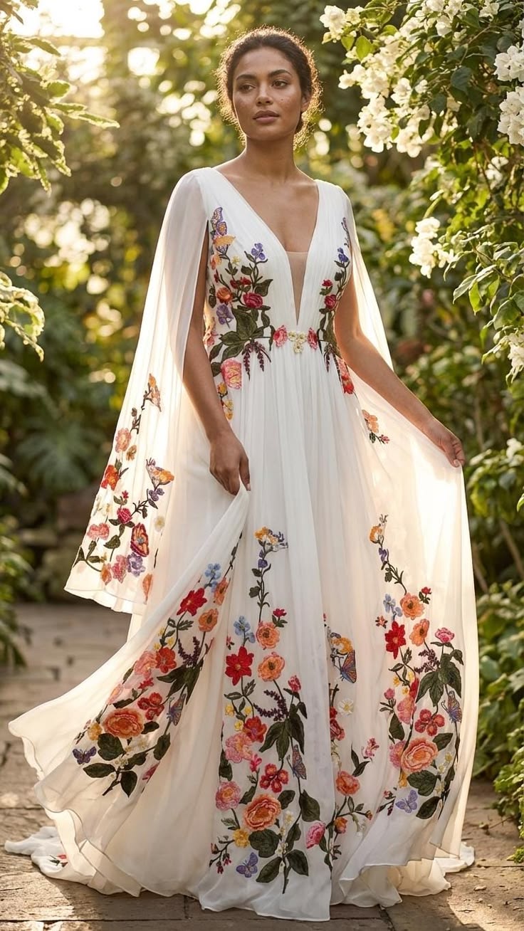 Floral Fiesta Boho Wedding Dress, Colorful Embroidered A Line Gown,