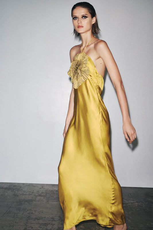 Noveify Satin 3D Flower Halter Neck Midi Dress, Yellow