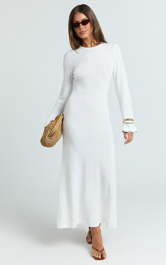 Tabitha Midi Dress Long Sleeve Scallop Edge Knitted Midi Dress In