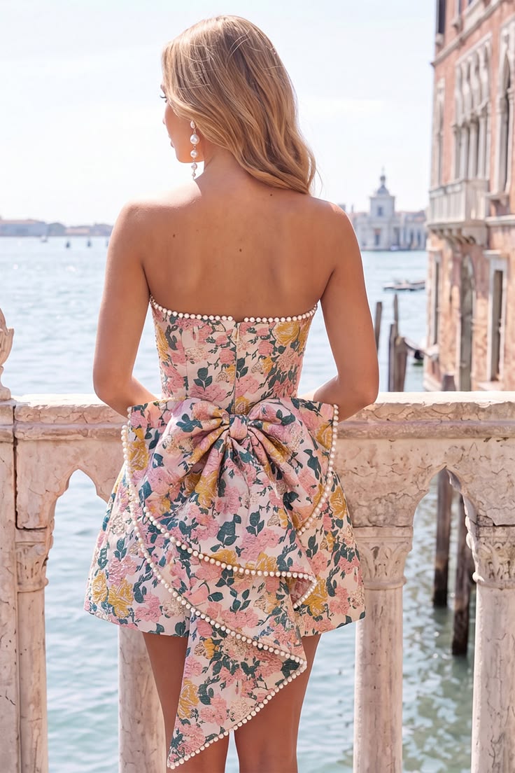 Yellow Flower Jacquard A Line Short Homecoming Dress With Bow Pink