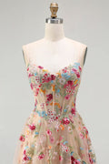 Women Sparkly Champagne Floral Long Corset Prom Dress A Line Spaghetti