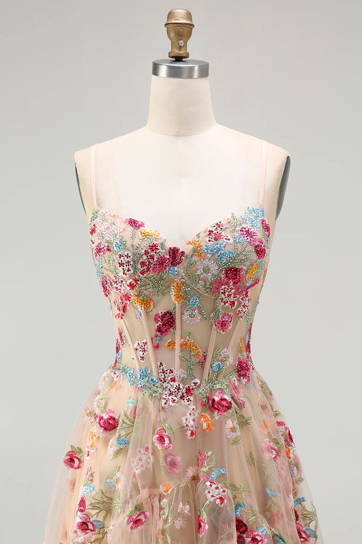 Women Sparkly Champagne Floral Long Corset Prom Dress A Line Spaghetti