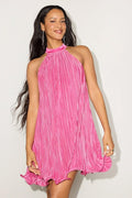 Vaivah Hot Pink Satin Plisse Mock Neck Swing Mini Dress