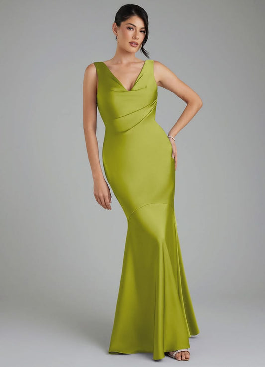 Mermaid V Neck Floor Length Stretch Satin Bridesmaid Dress Lemongrass