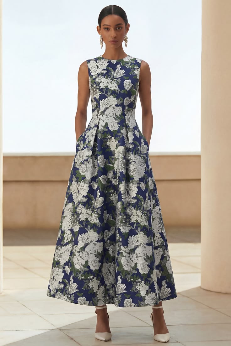 Navy Flower Print A Line Midi Dress With Pockets