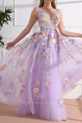 Charming 3D Flower Lace Lilac Tulle V Neck Engagement Dress