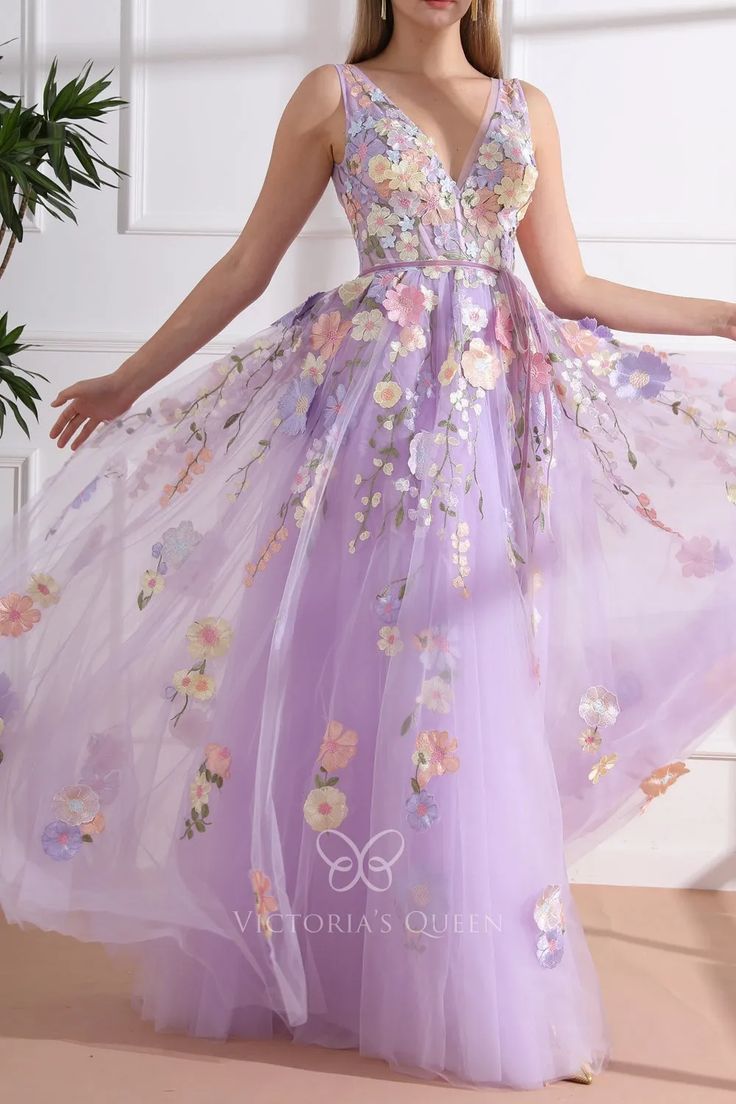 Charming 3D Flower Lace Lilac Tulle V Neck Engagement Dress