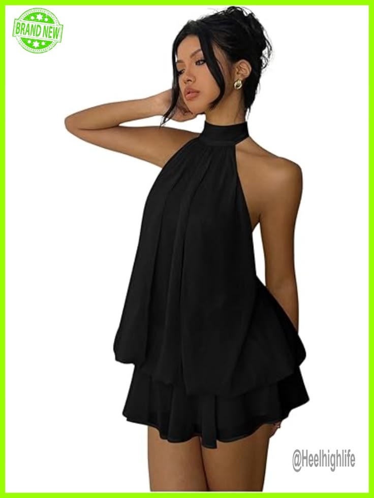 Chiffon Halter Drop Waist Ruffle Mini Dress Wedding Guest Color: Black