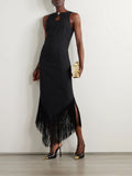 Taller Marmo Taormina Fringed Crystal Embellished Crepe Gown Black