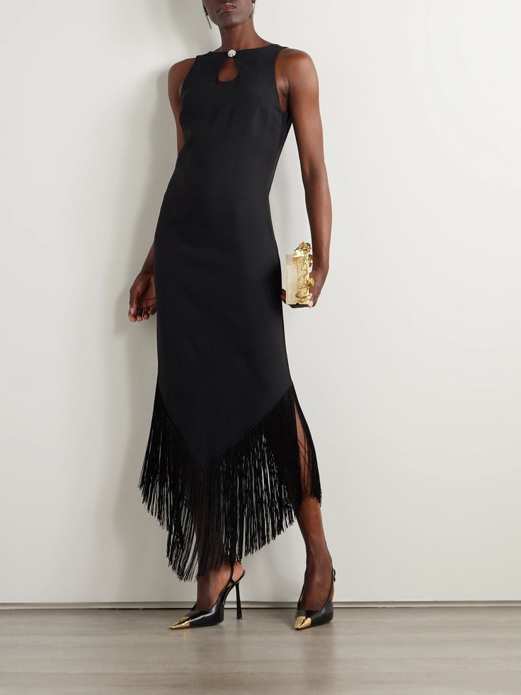 Taller Marmo Taormina Fringed Crystal Embellished Crepe Gown Black