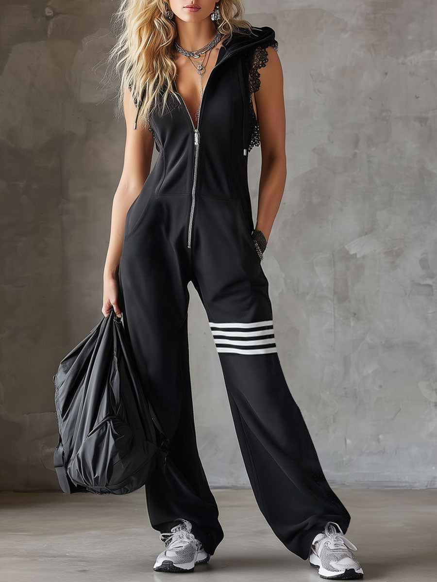 Danielle - Retro Sports Jumpsuit with Hood and Stripes