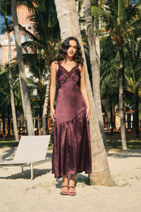 Scalloped Lace Bias Cut Maxi Dress Satin Maxi With Ruched Detail
