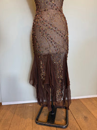 Tory, 90s beaded brown bias cut chiffon handkerchief dress
