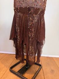 Tory, 90s beaded brown bias cut chiffon handkerchief dress