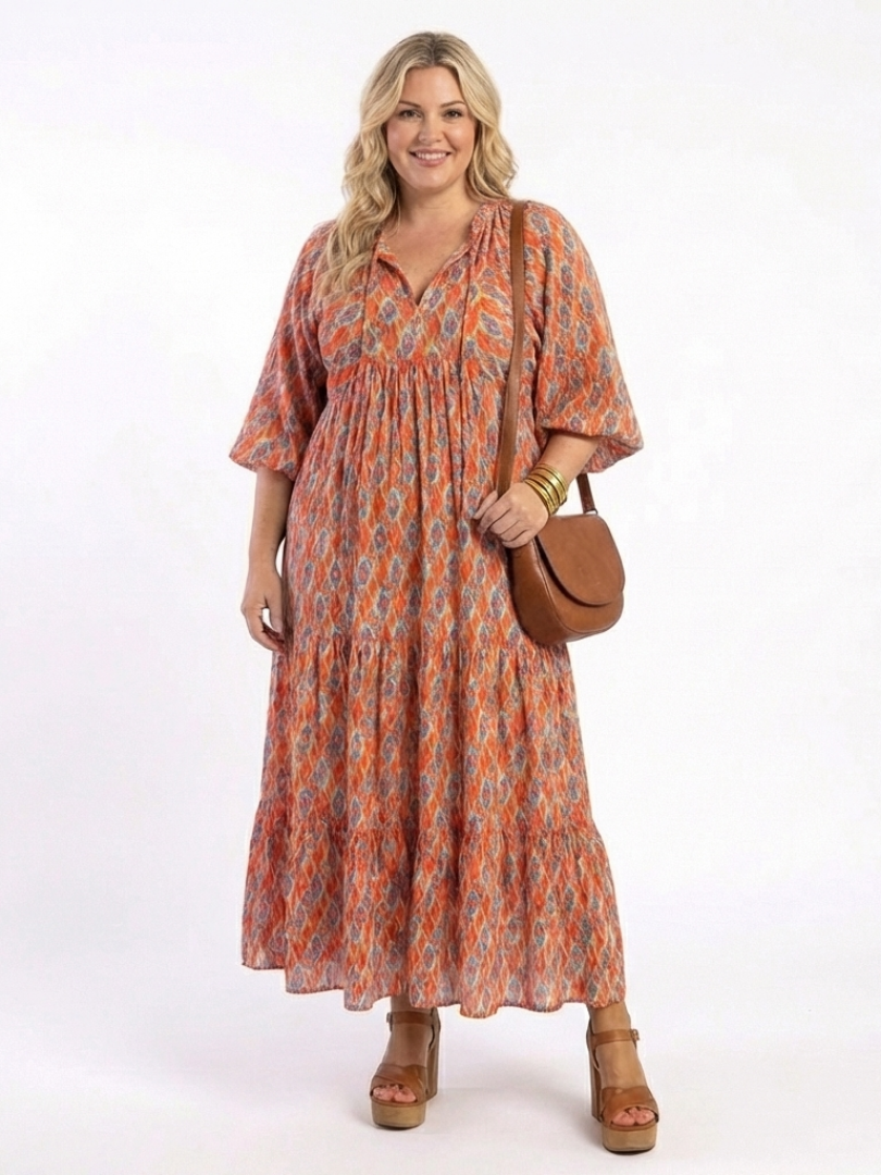 Tabitha – Geometric Print V-Neck Tiered Midi Dress