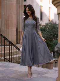 Birdie - Midi Dress with Lace Body and Sheer Sleeves