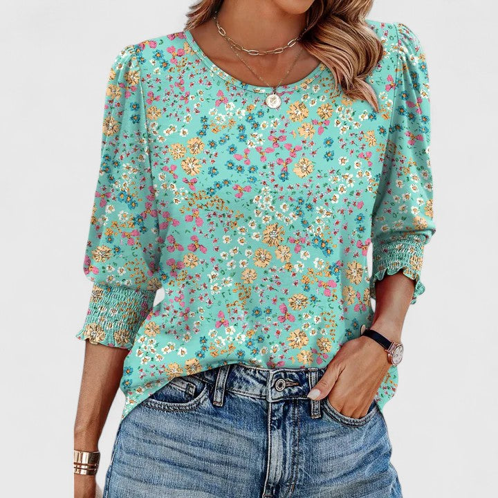Solara | Elegant Smocked Top Lake Green Bottom Floral