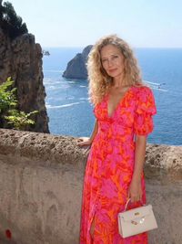 Robyn – Floral V-Neck Midi Dress with Puff Sleeves